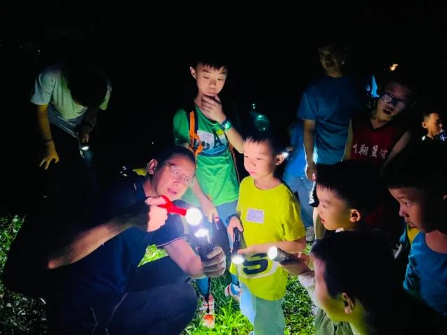 導師帶領學生使用觀察工具進行夜間昆蟲探索