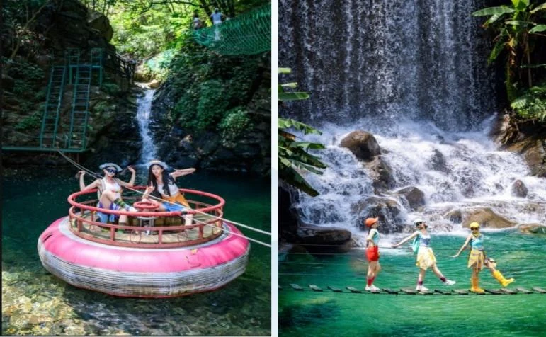 學生在清遠筆架山溪流瀑布進行自然探索