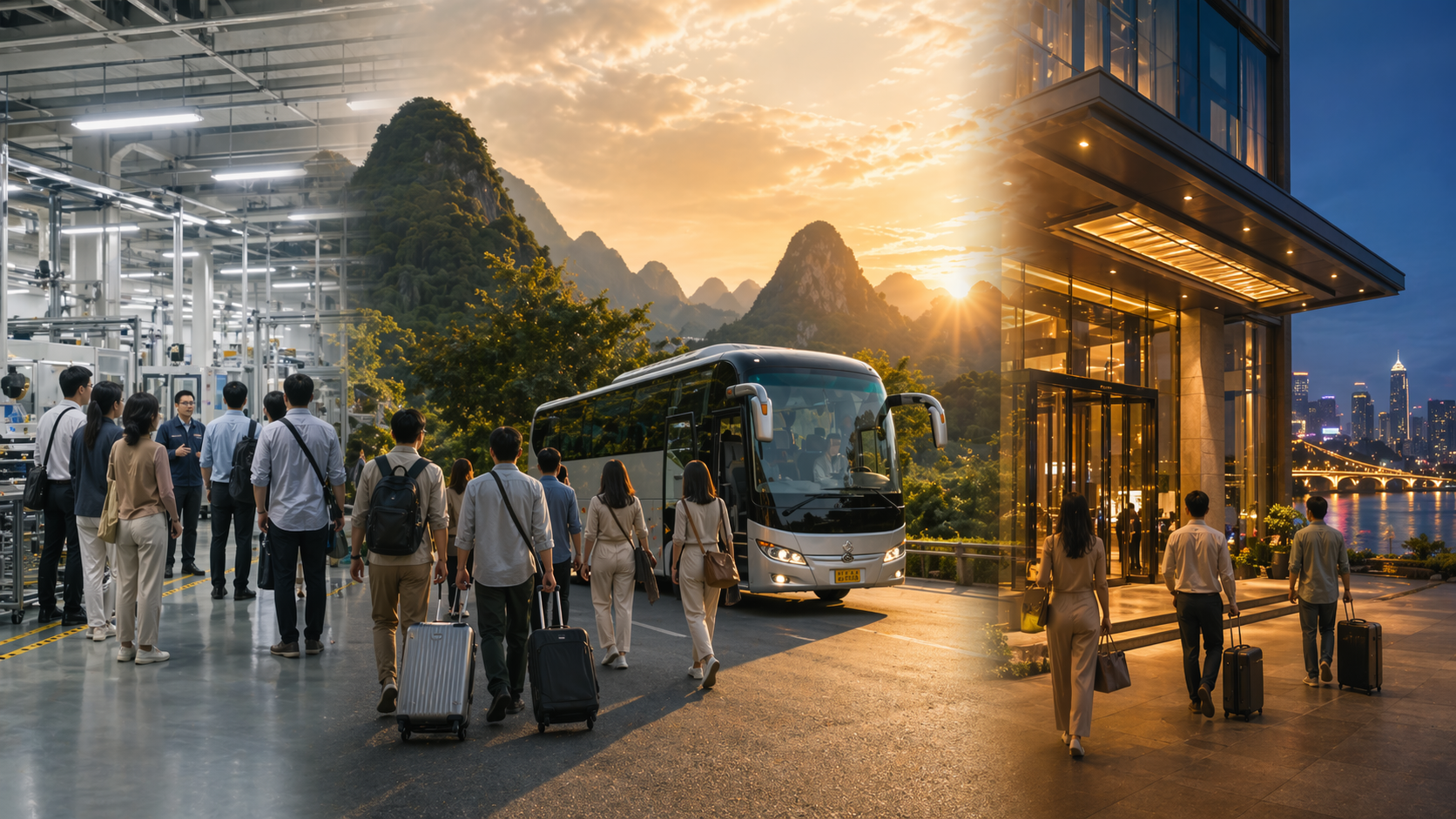 第一天工廠參訪與酒店入住場景